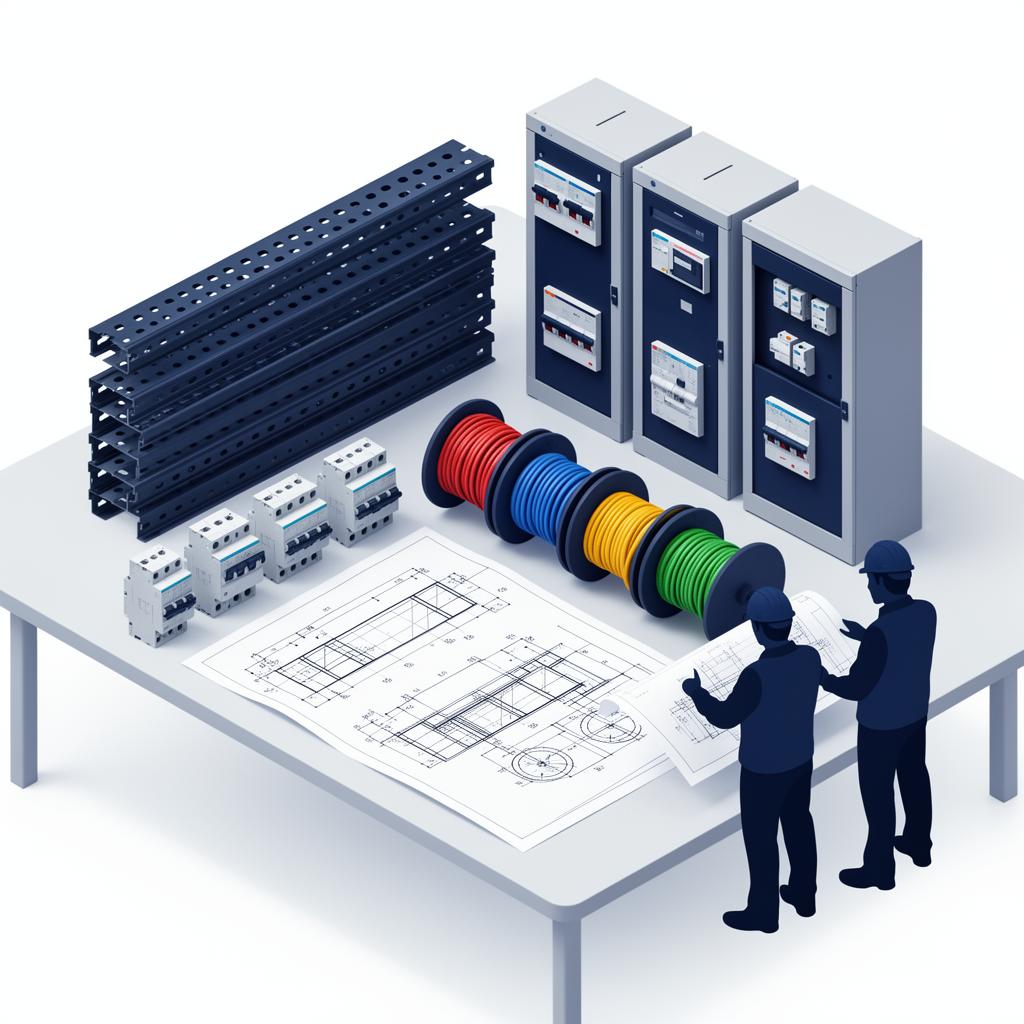Electrical and MEP project procurement visual with BOQ, cable trays, conduits, switchgear, wires, cables and site delivery coordination.